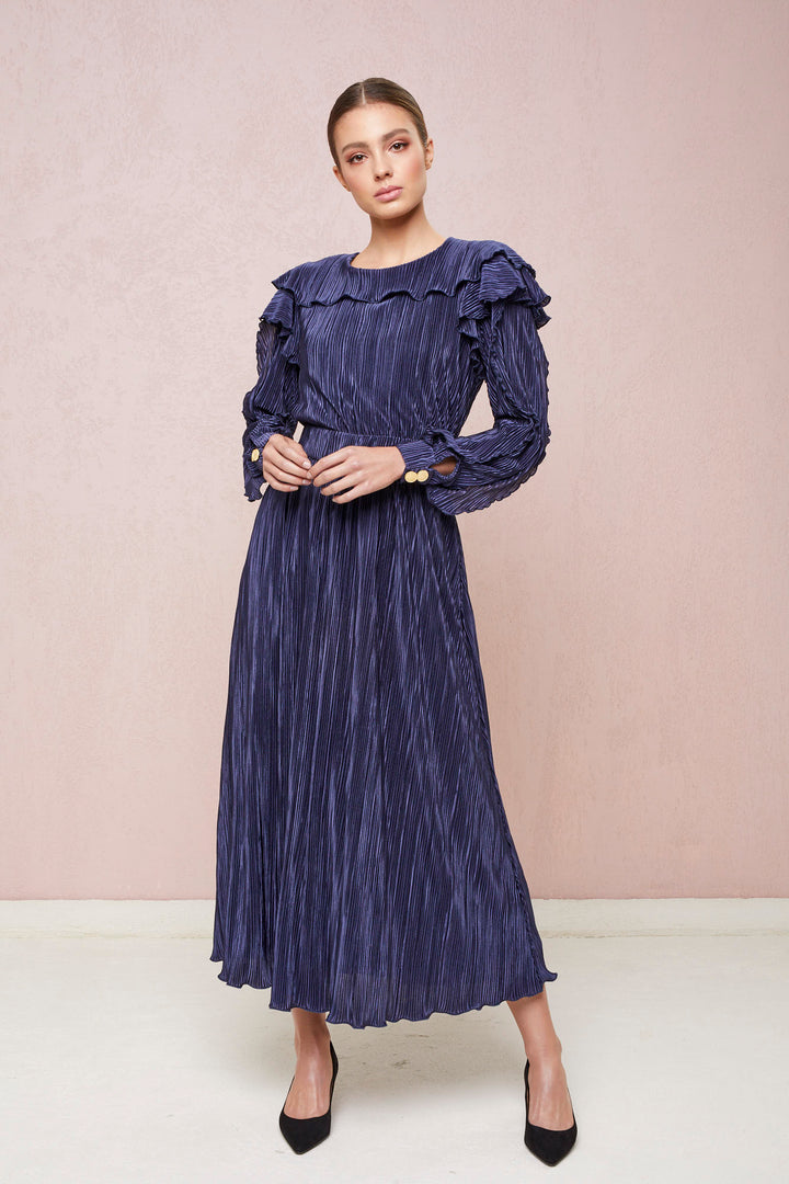 PLEATED MIDI DRESS WITH LONG SLEEVES