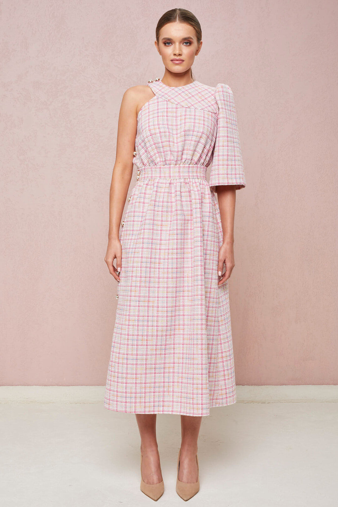 ONE-SHOULDER DRESS WITH SIDE BUTTON FASTENING