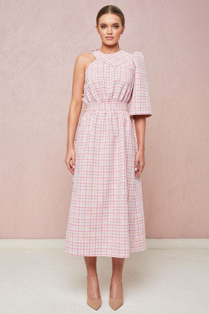 ONE-SHOULDER DRESS WITH SIDE BUTTON FASTENING