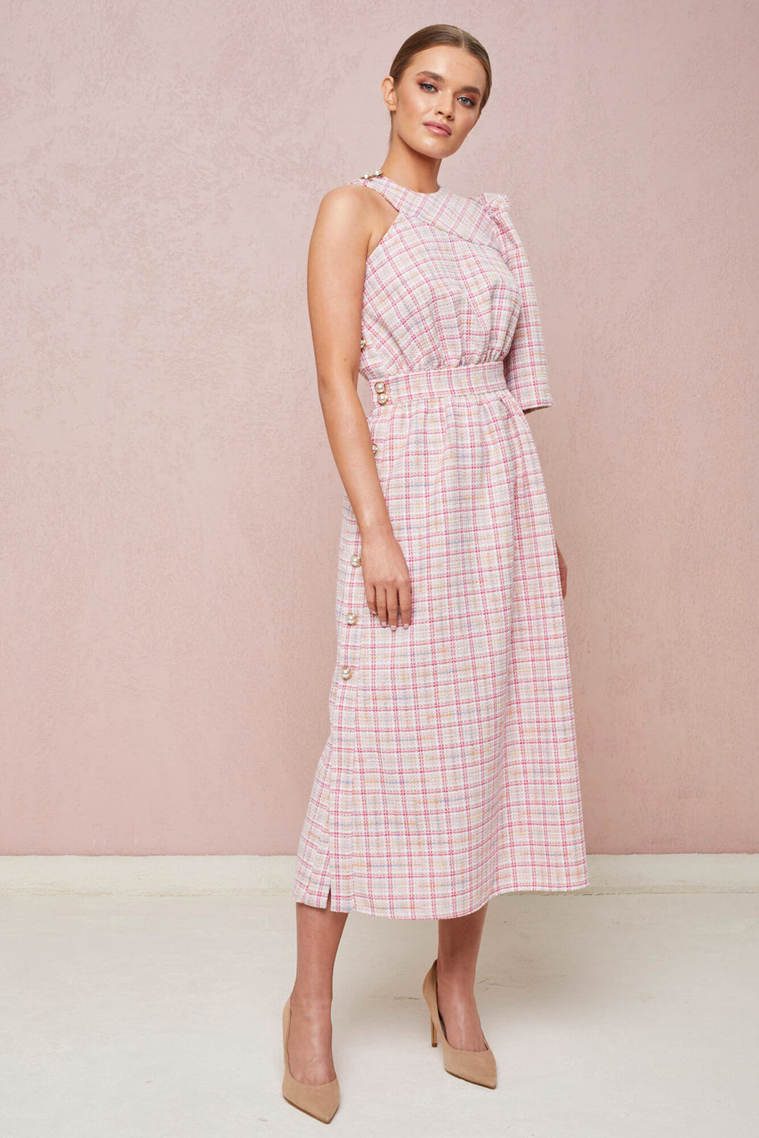 ONE-SHOULDER DRESS WITH SIDE BUTTON FASTENING