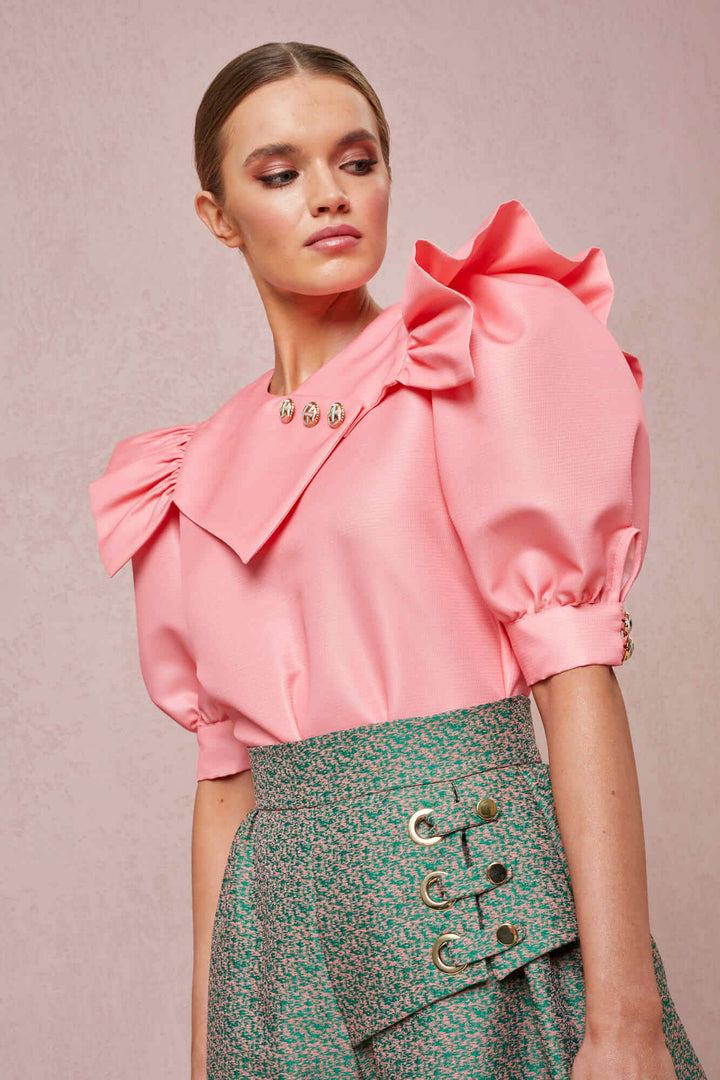 BLOUSE WITH SHORT PUFF SLEEVES AND DECORATIVE BUTTONS