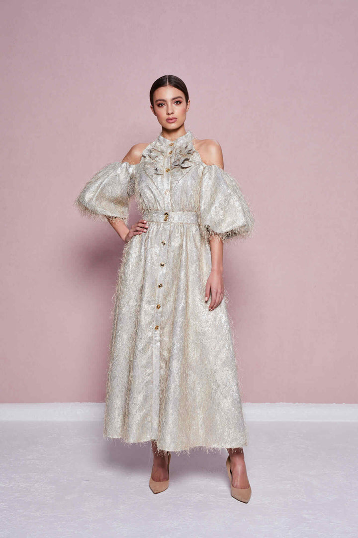 OFF-THE-SHOULDER BUTTON-FRONT MIDI DRESS
