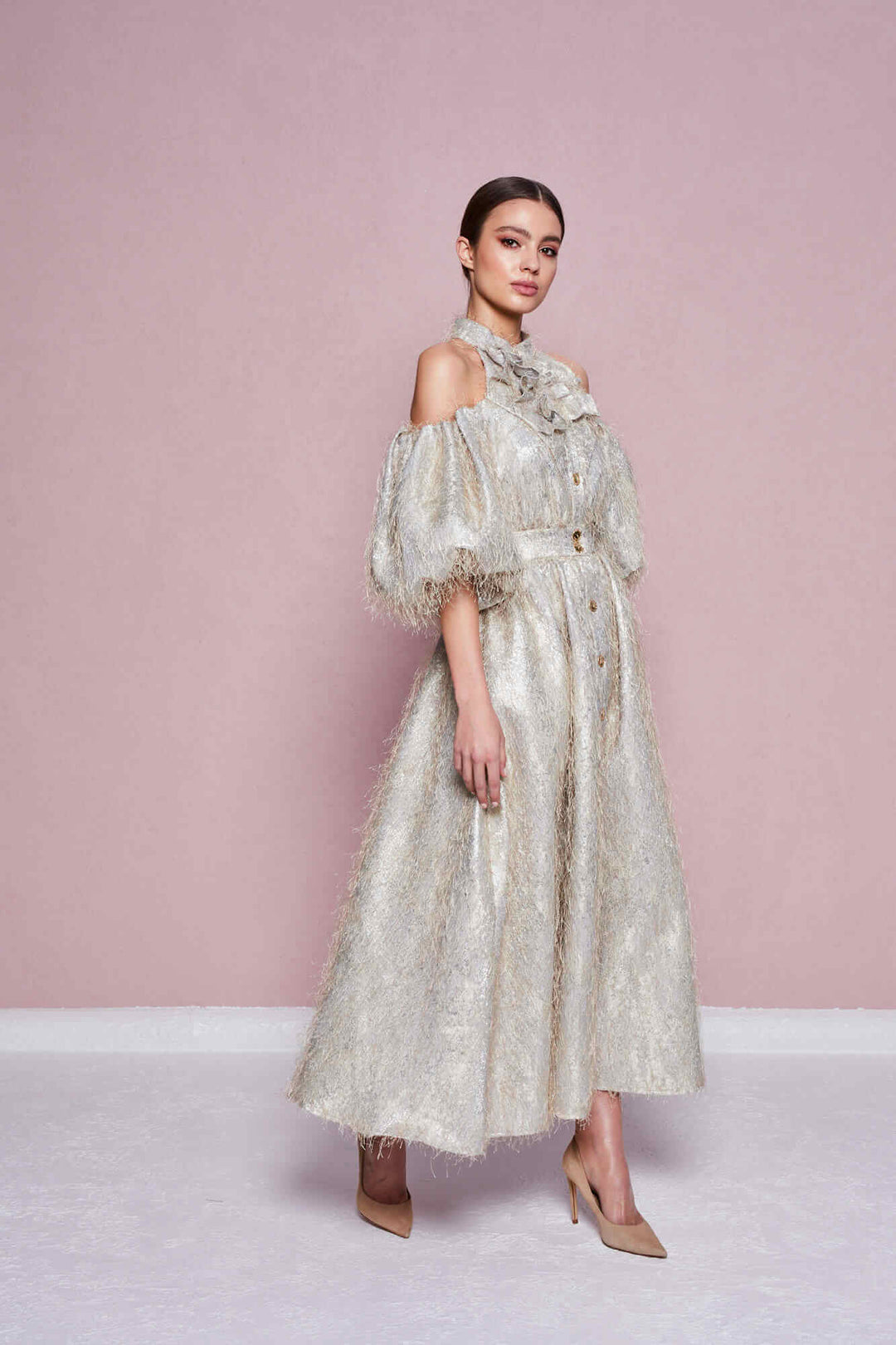 OFF-THE-SHOULDER BUTTON-FRONT MIDI DRESS