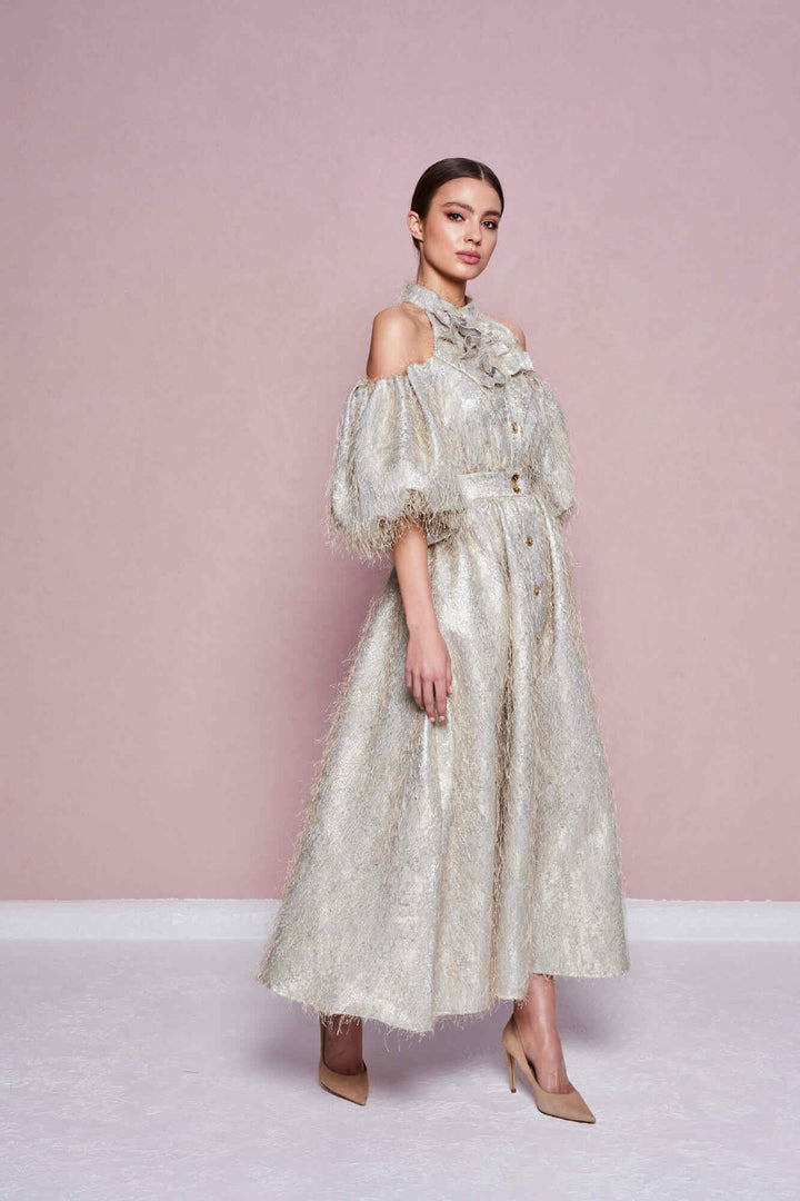 OFF-THE-SHOULDER BUTTON-FRONT MIDI DRESS