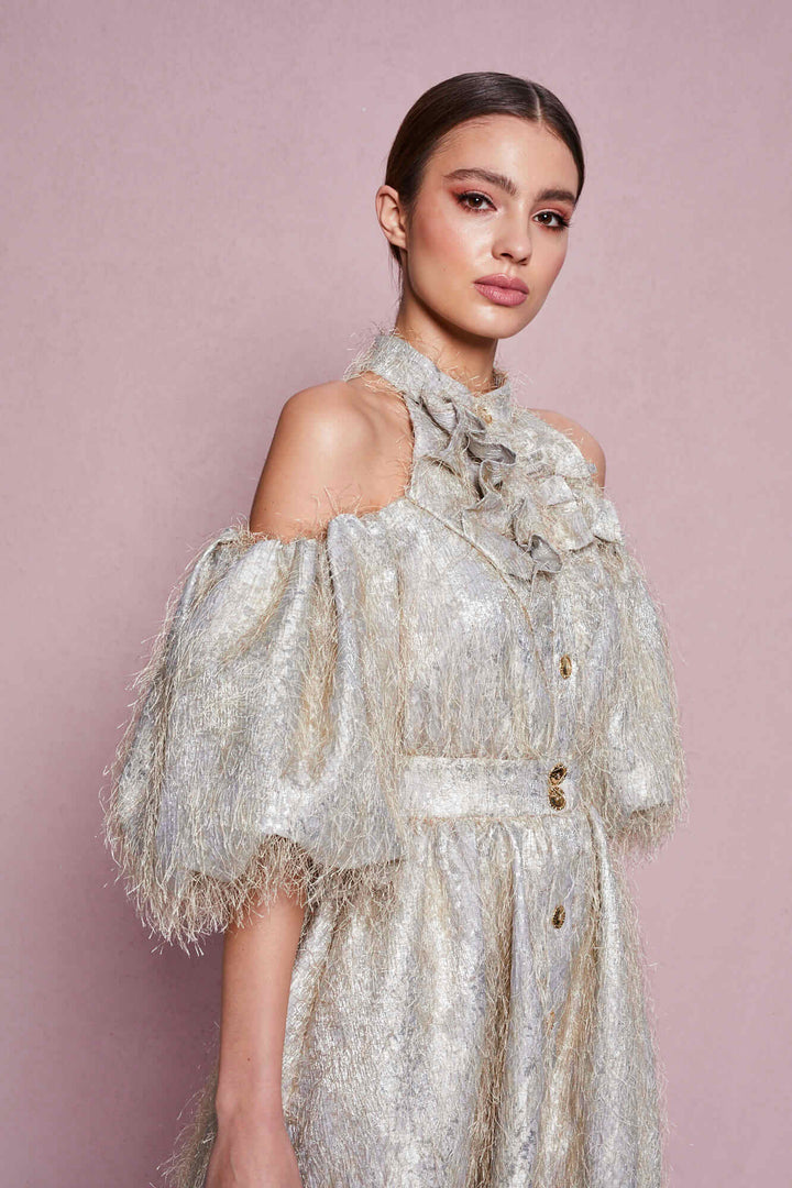 OFF-THE-SHOULDER BUTTON-FRONT MIDI DRESS