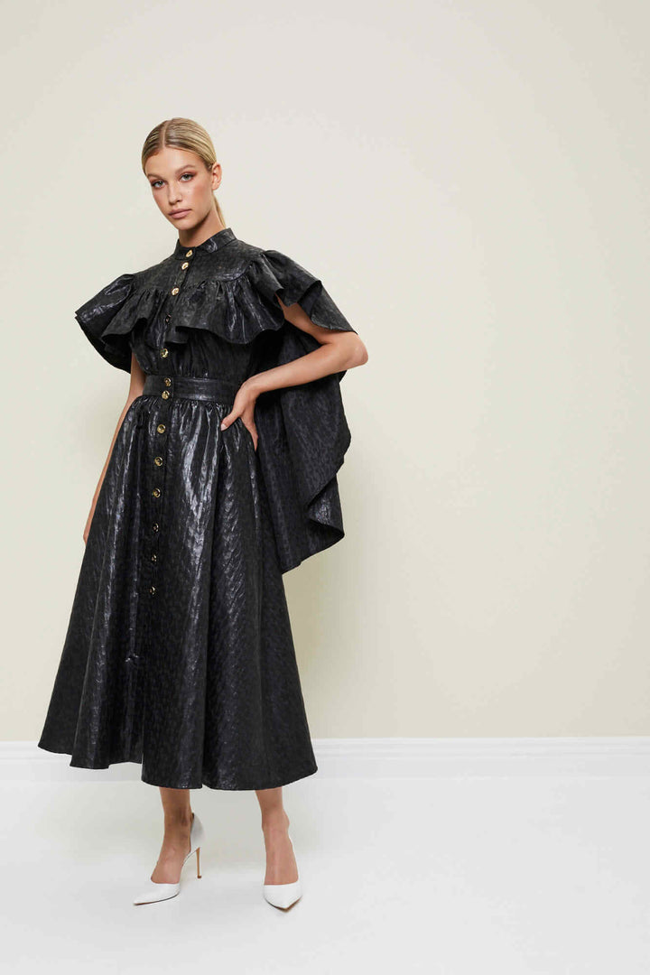 BUTTON-FRONT DRESS WITH A CAPE