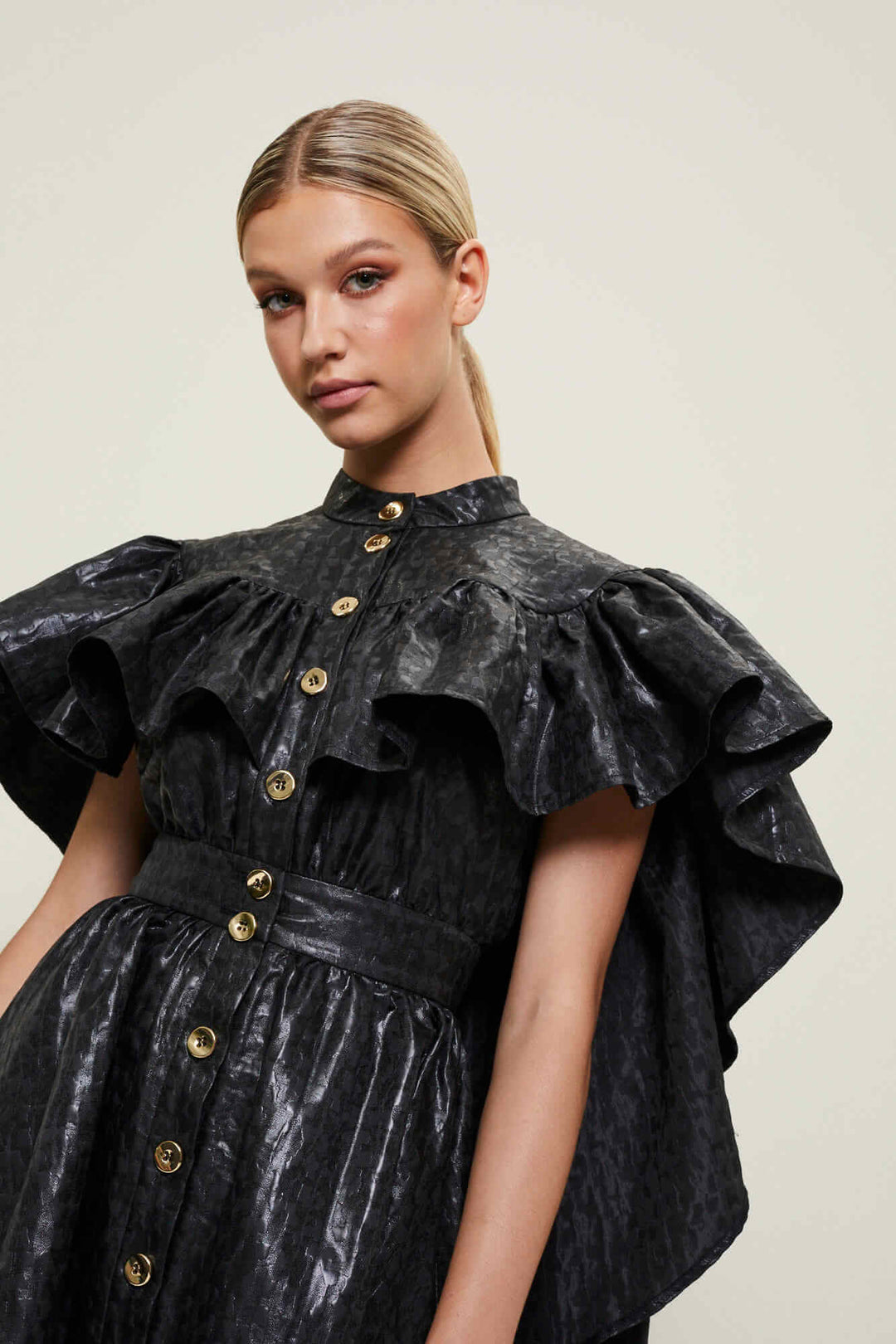 BUTTON-FRONT DRESS WITH A CAPE