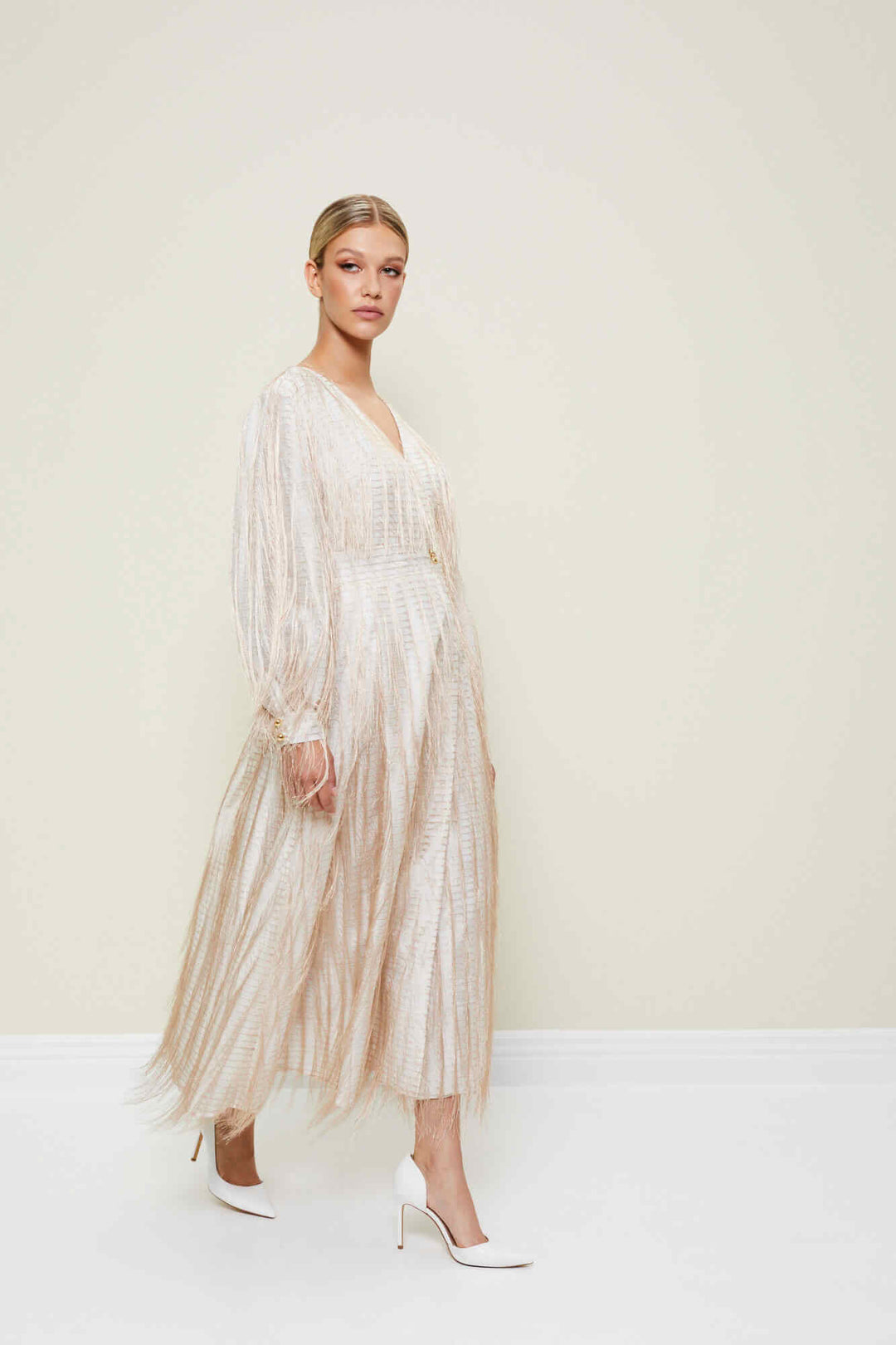 WRAP DRESS WITH FEATHER-TEXTURED FABRIC