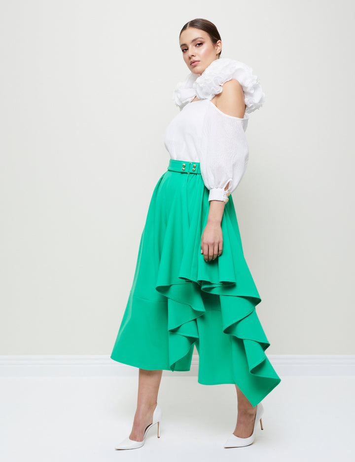 OFF-THE-SHOULDER BLOUSE WITH CASCADING RUFFLES