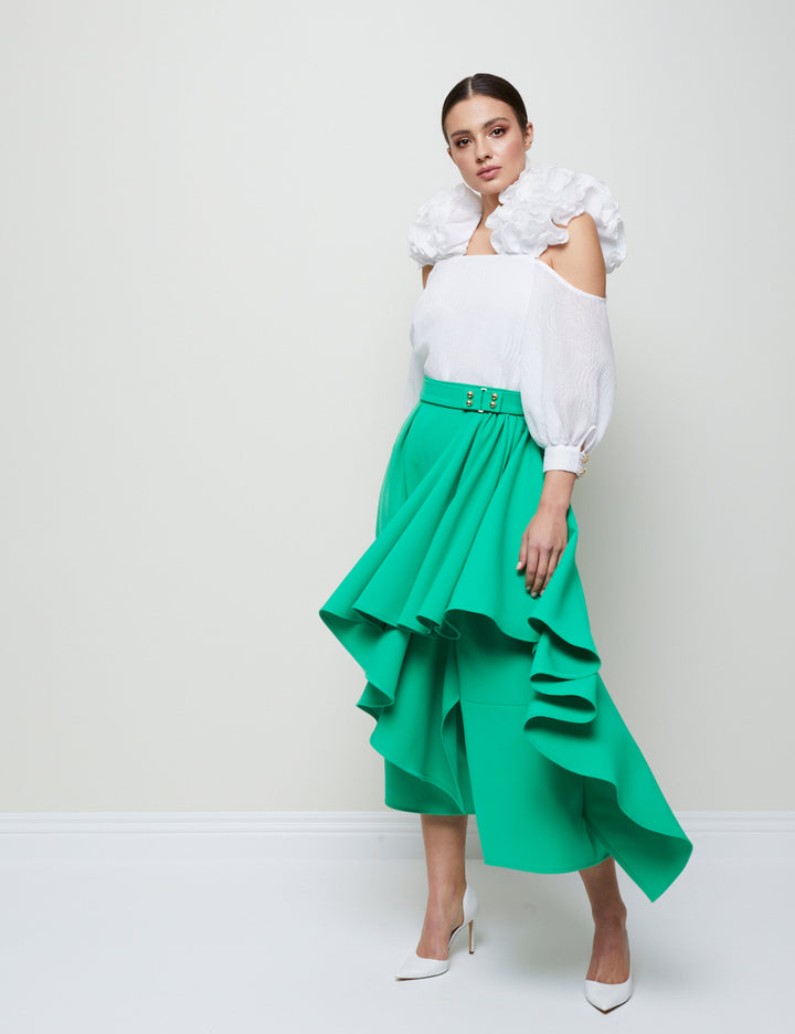 OFF-THE-SHOULDER BLOUSE WITH CASCADING RUFFLES