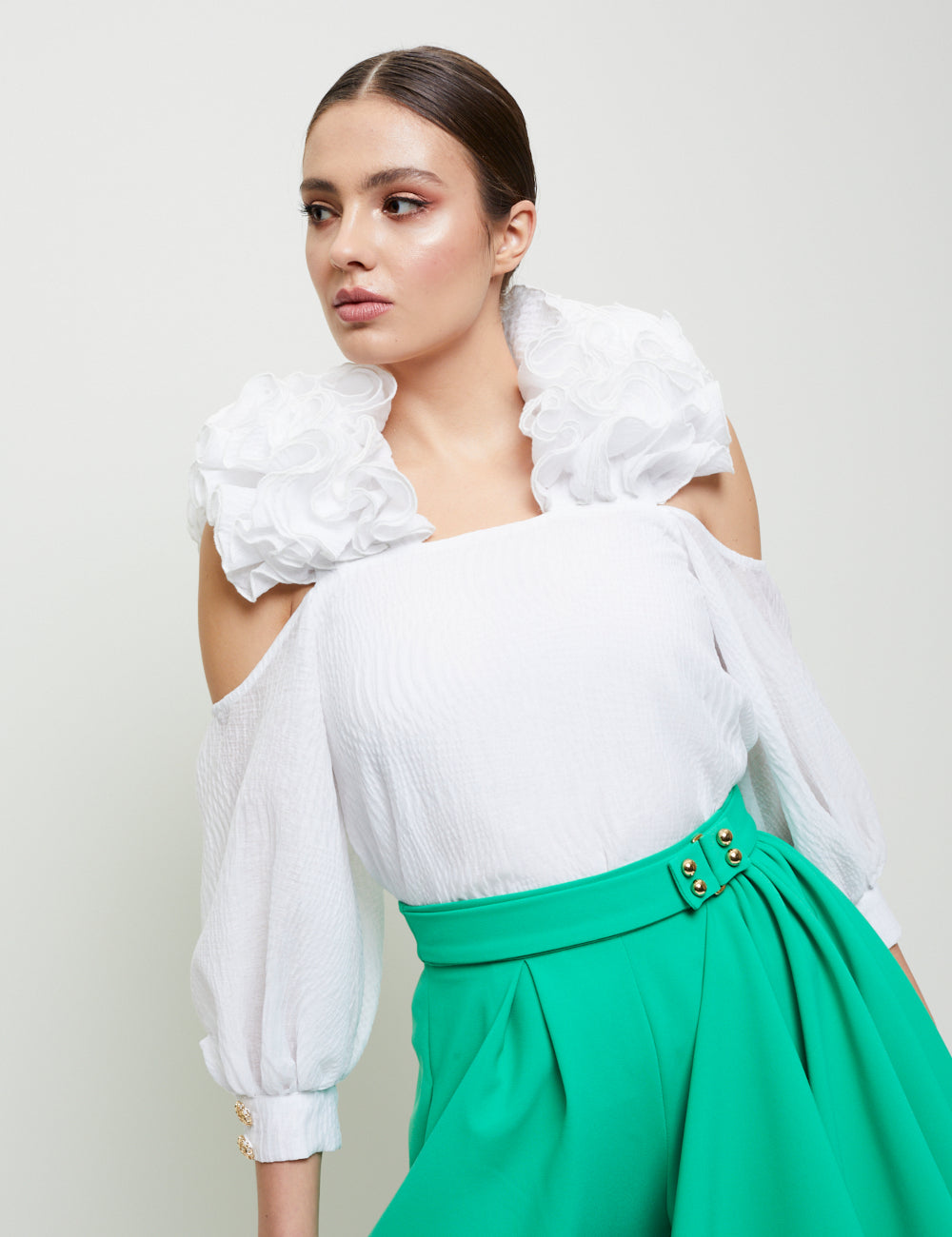 OFF-THE-SHOULDER BLOUSE WITH CASCADING RUFFLES