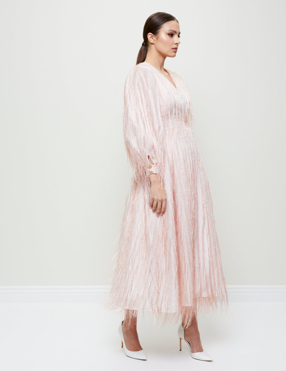 ENVELOPE DRESS WITH FEATHER-TEXTURED FABRIC