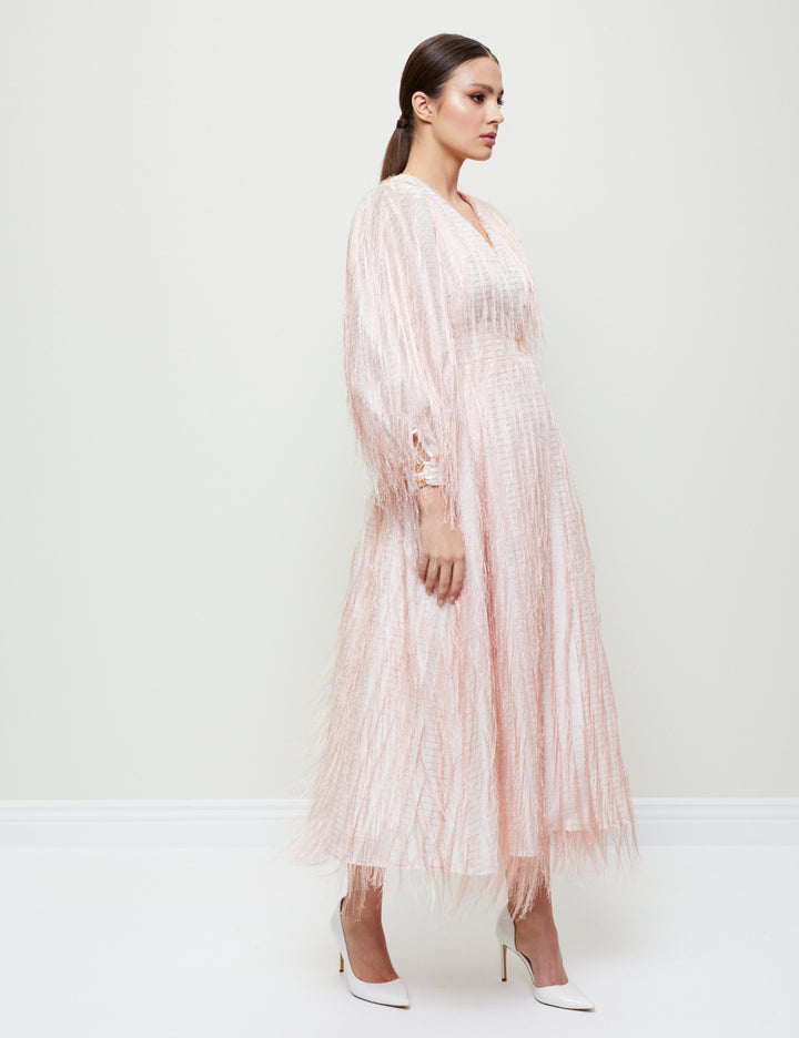 ENVELOPE DRESS WITH FEATHER-TEXTURED FABRIC