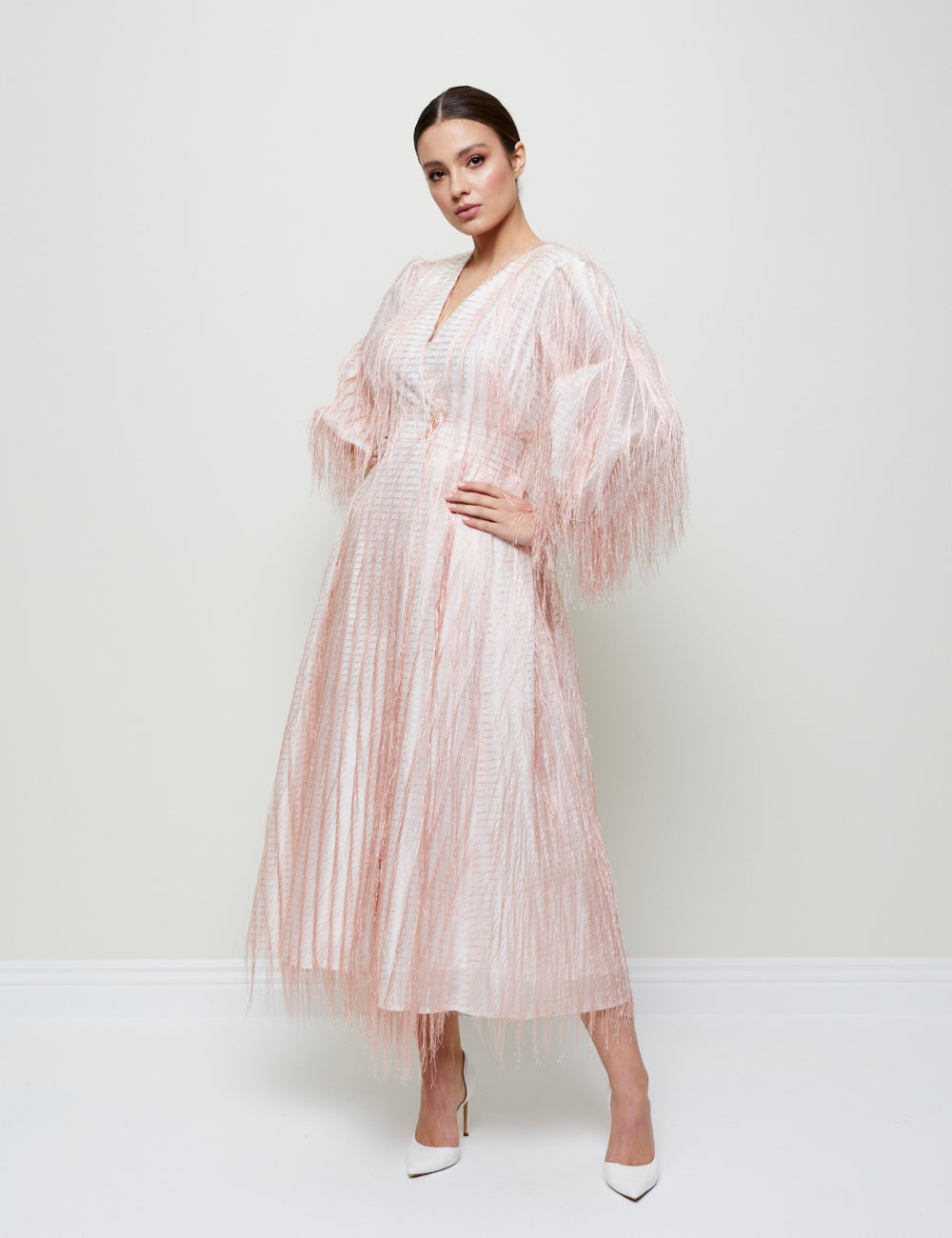 ENVELOPE DRESS WITH FEATHER-TEXTURED FABRIC
