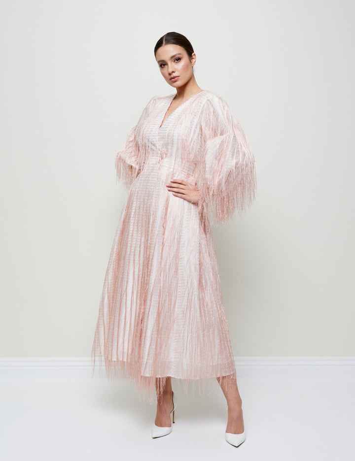 ENVELOPE DRESS WITH FEATHER-TEXTURED FABRIC