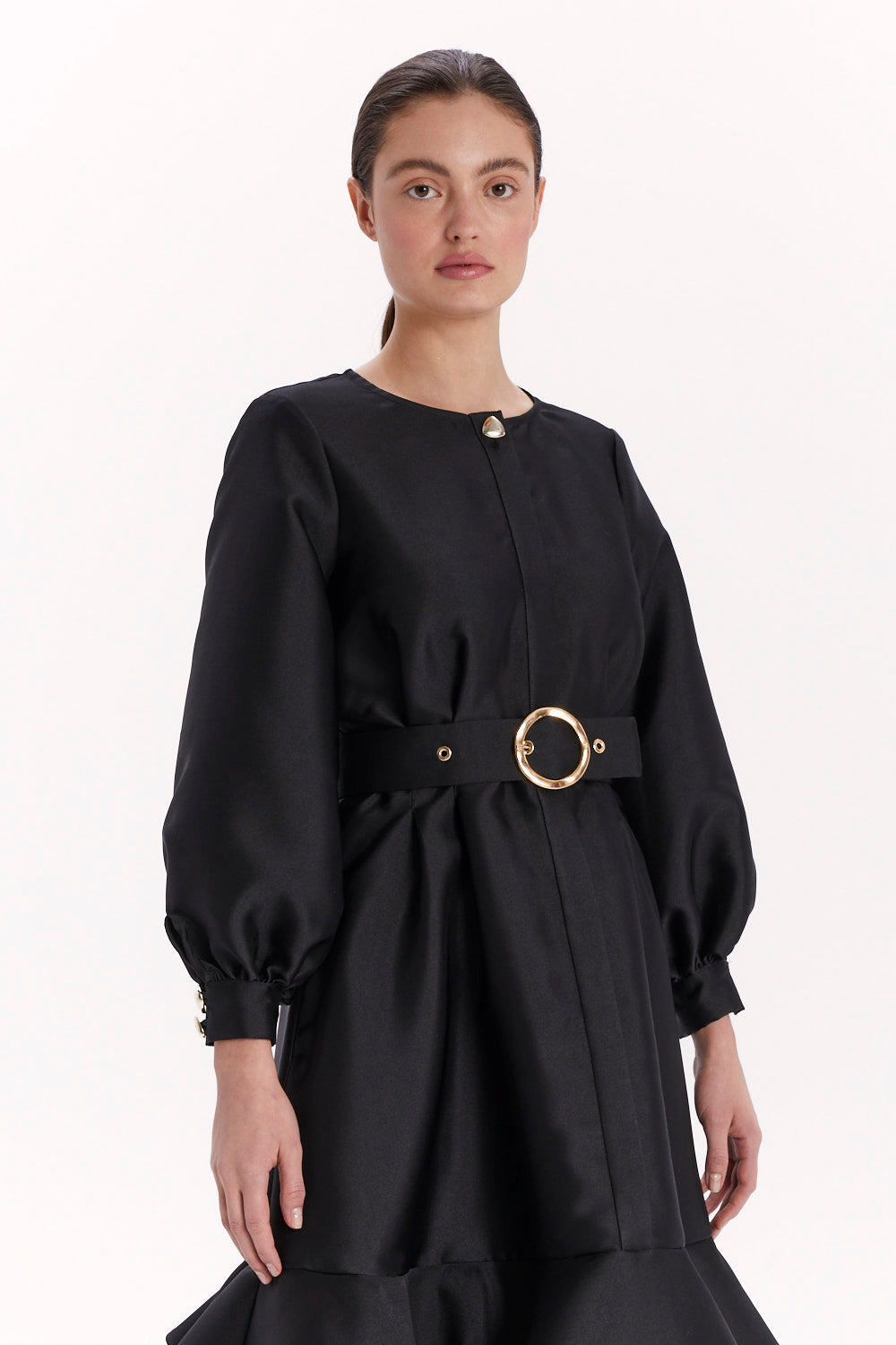 BUTTON-FRONT DRESS WITH RUFFLES AND A WAIST BELT