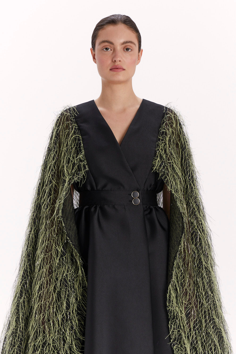 ENVELOPE DRESS WITH A FEATHER CAPE
