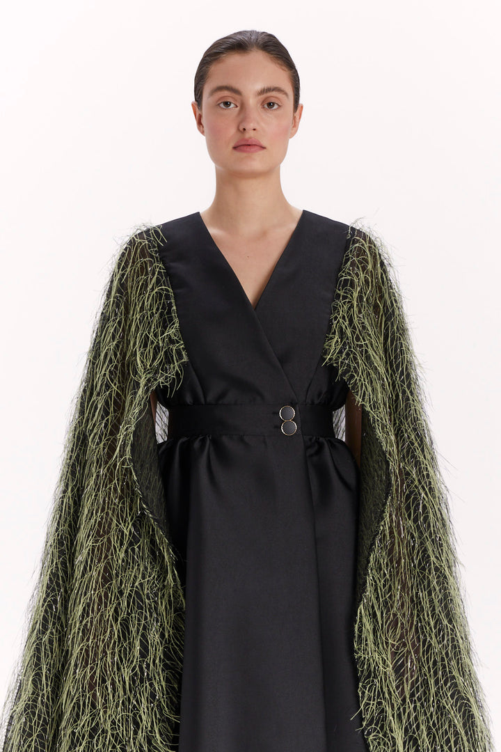 ENVELOPE DRESS WITH A FEATHER CAPE