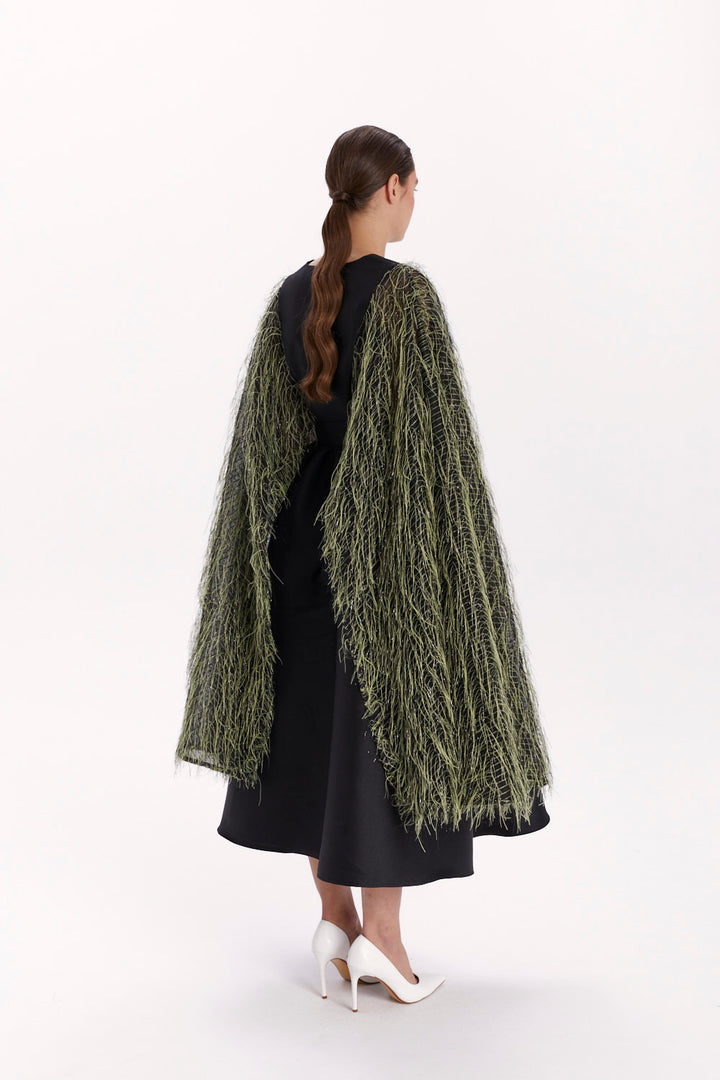 ENVELOPE DRESS WITH A FEATHER CAPE