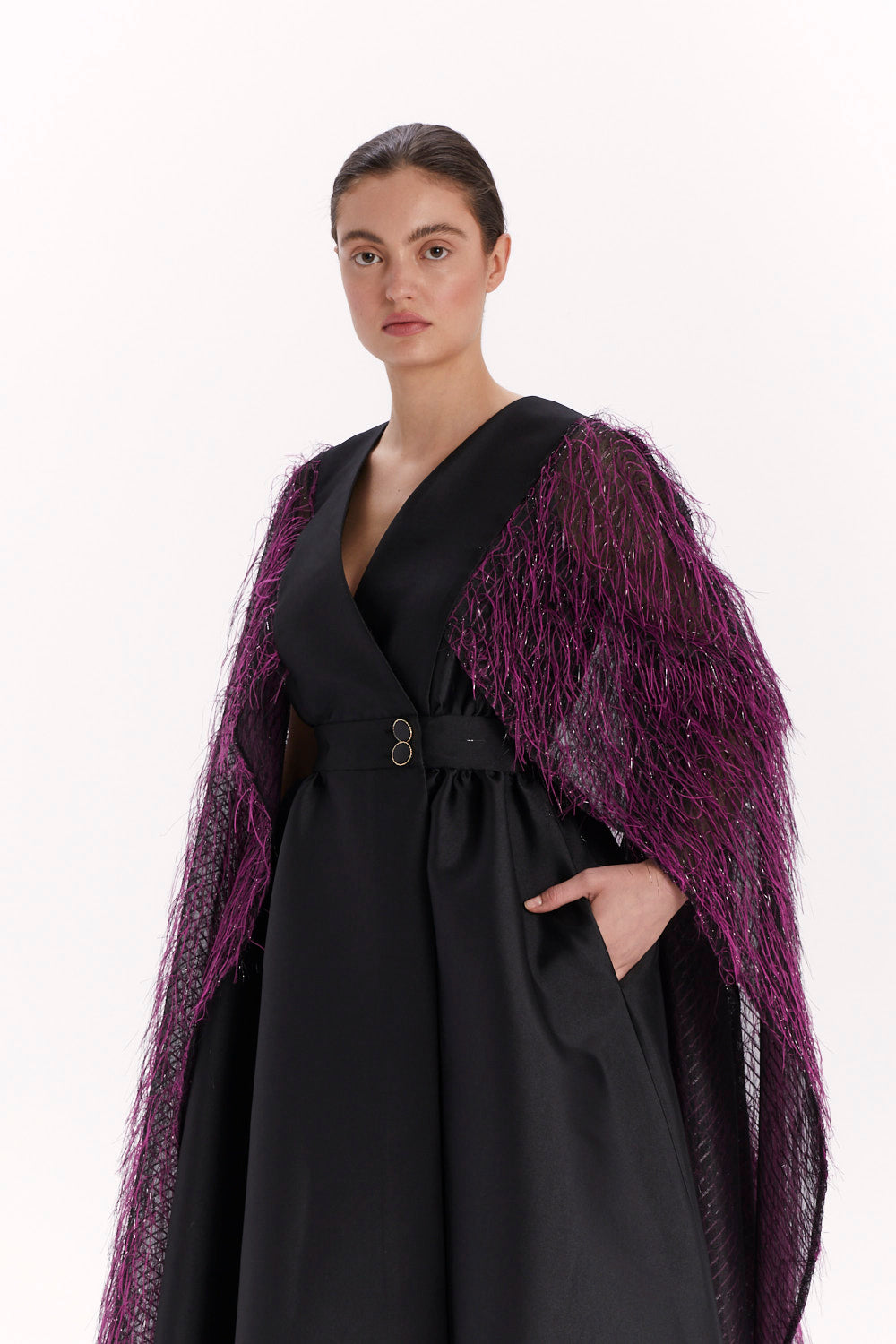 ENVELOPE DRESS WITH A FEATHER CAPE