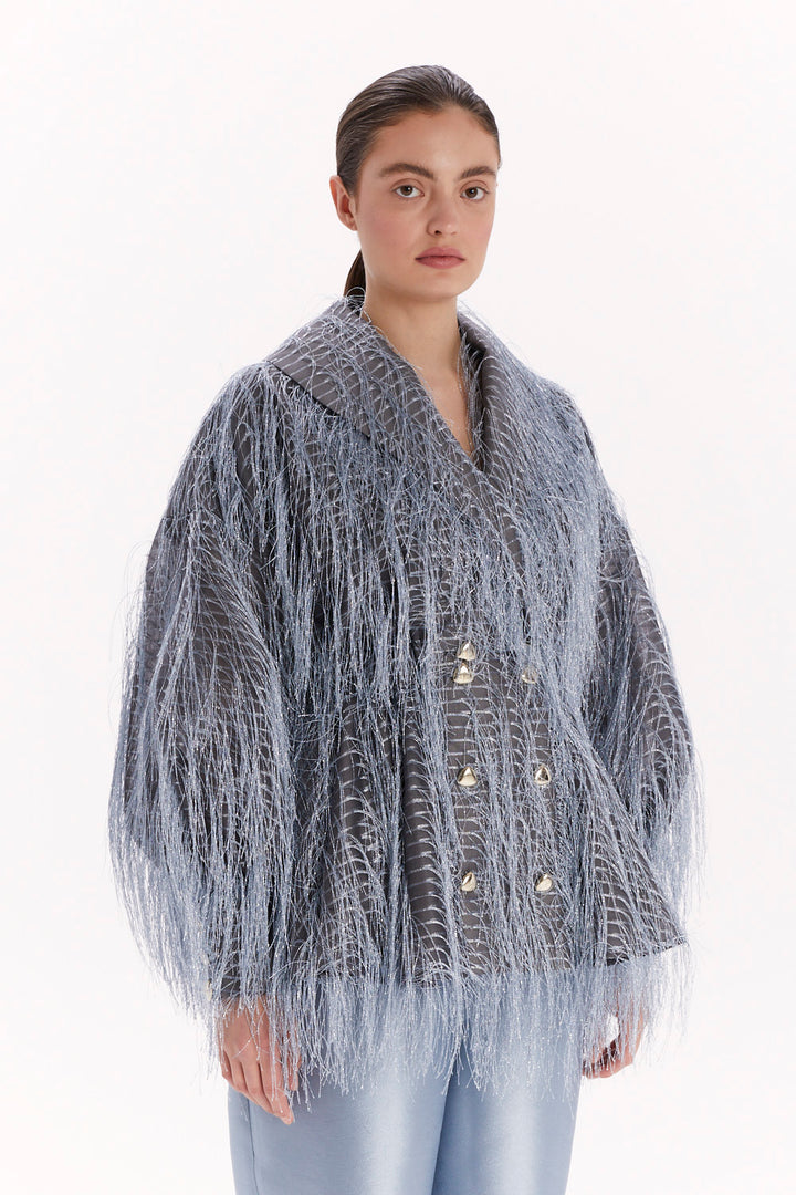DOUBLE-BREASTED BLOUSE WITH FEATHER-TEXTURED FABRIC