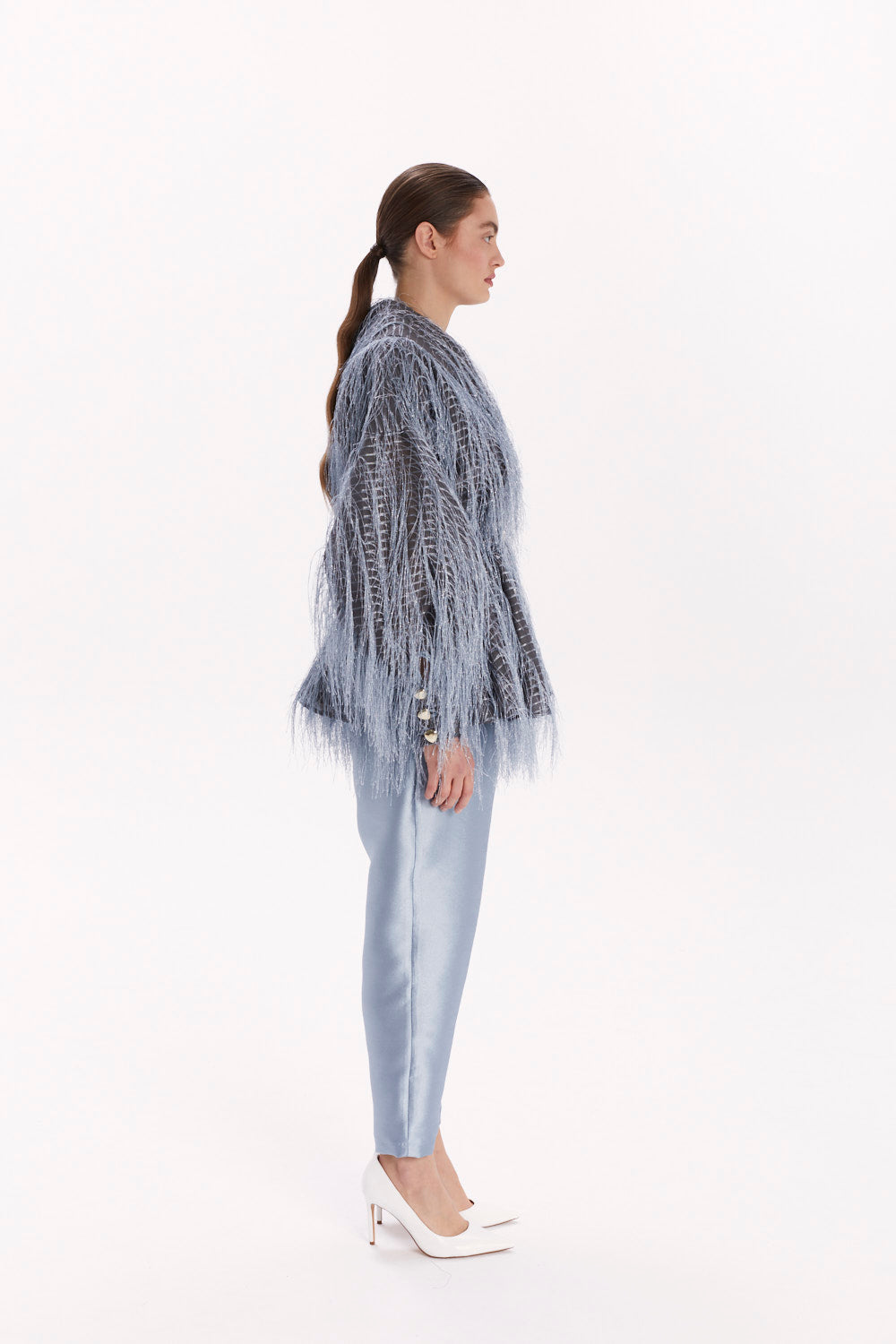 DOUBLE-BREASTED BLOUSE WITH FEATHER-TEXTURED FABRIC