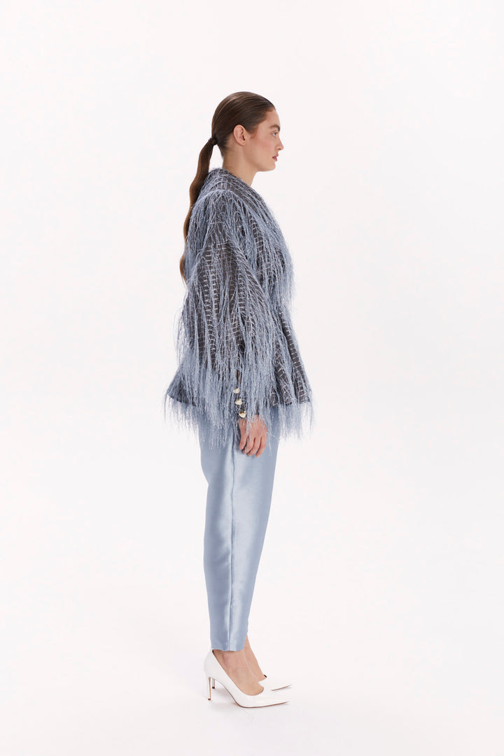 DOUBLE-BREASTED BLOUSE WITH FEATHER-TEXTURED FABRIC