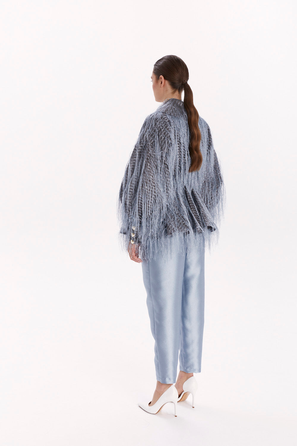 DOUBLE-BREASTED BLOUSE WITH FEATHER-TEXTURED FABRIC