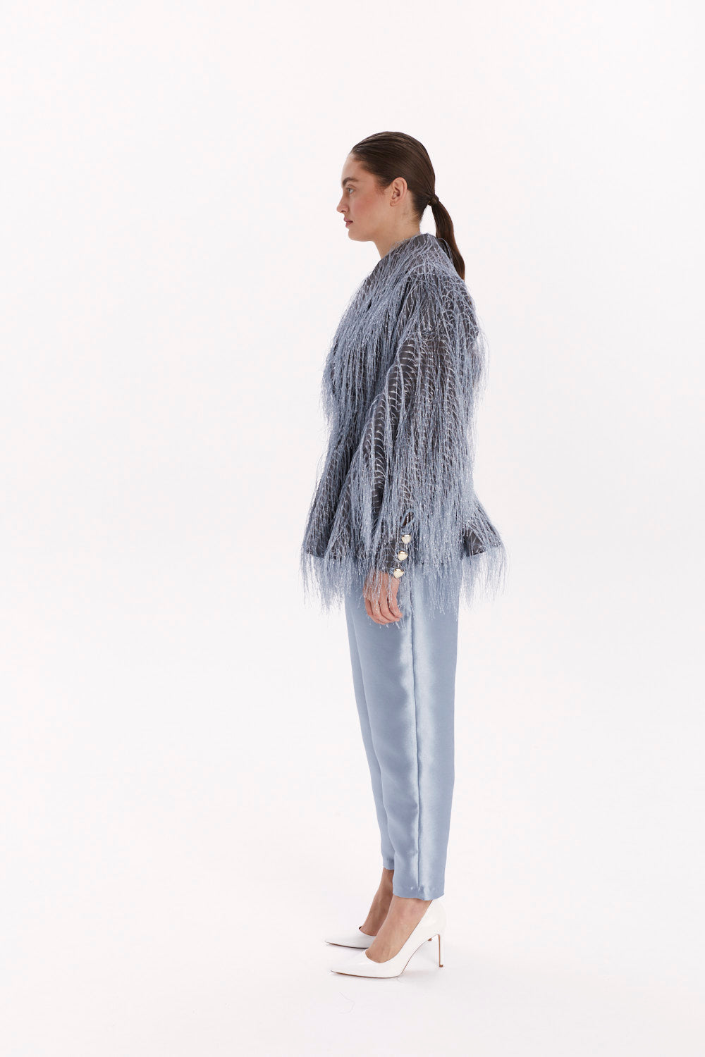 DOUBLE-BREASTED BLOUSE WITH FEATHER-TEXTURED FABRIC
