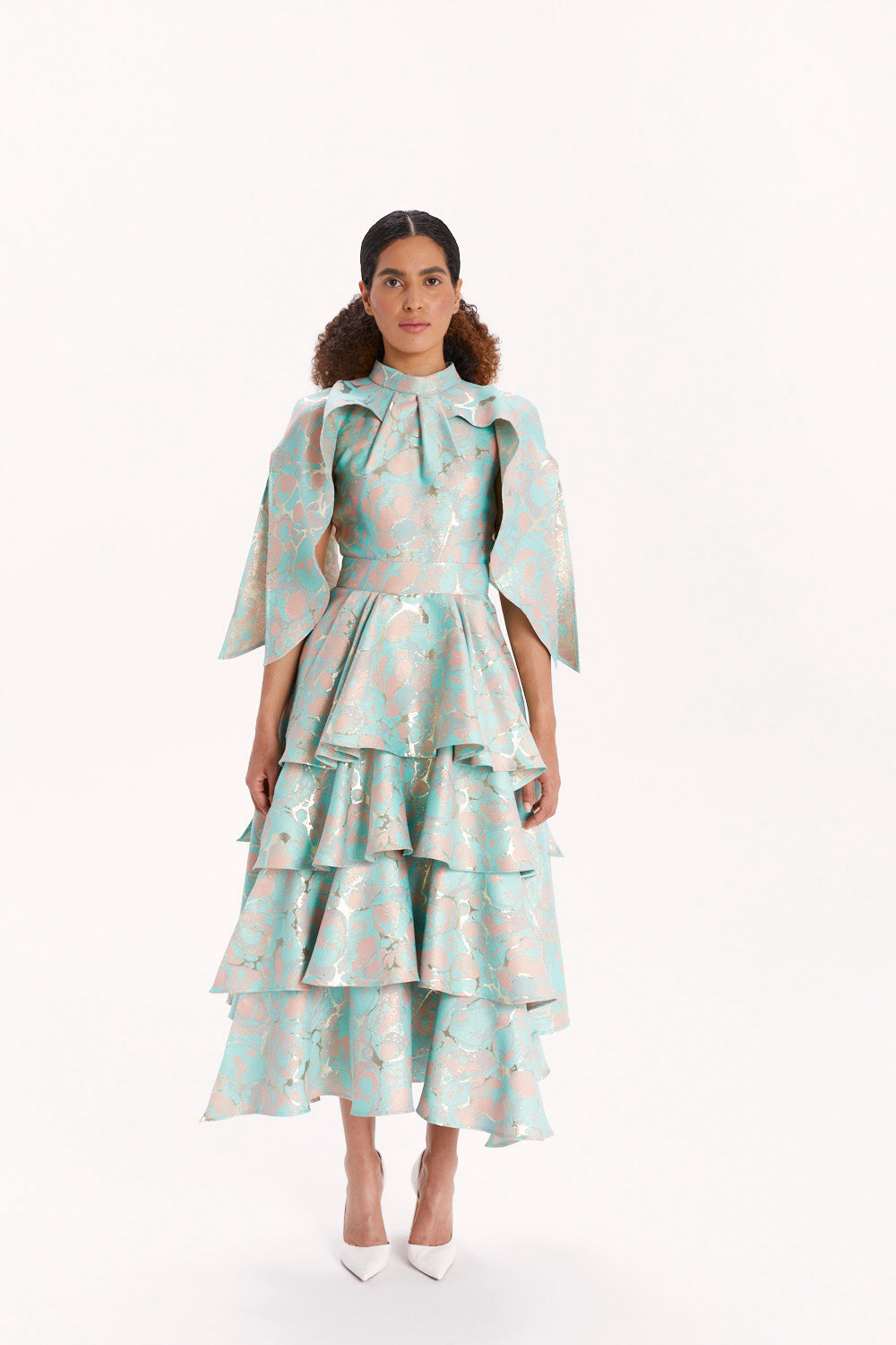 MIDI DRESS WITH CASCADING RUFFLES