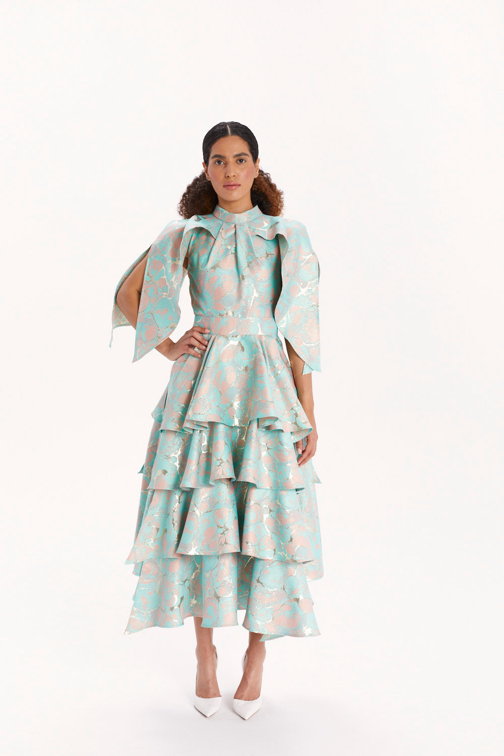 MIDI DRESS WITH CASCADING RUFFLES