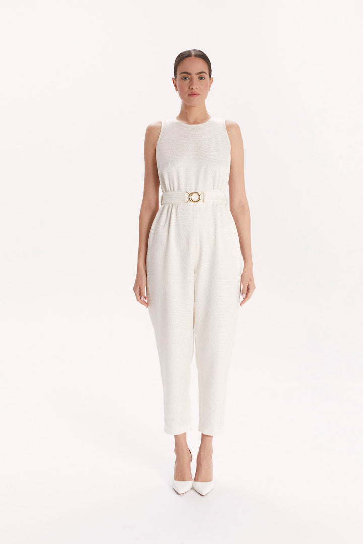 JUMPSUIT WITH A DECORATIVE BELT AND LONG CAPE