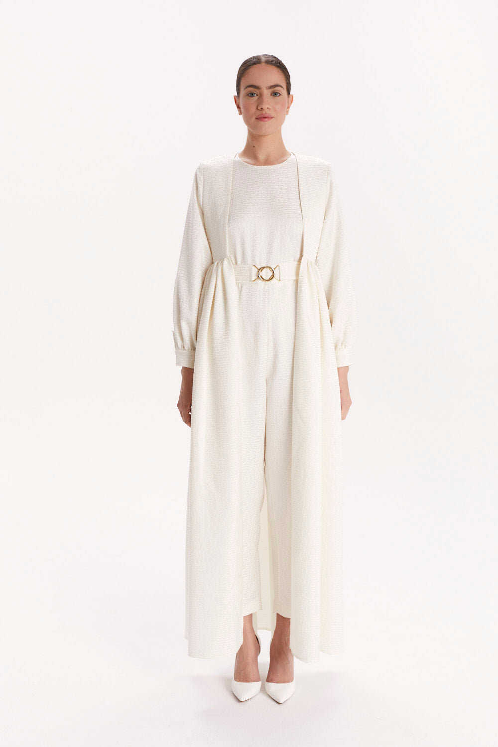 JUMPSUIT WITH A DECORATIVE BELT AND LONG CAPE