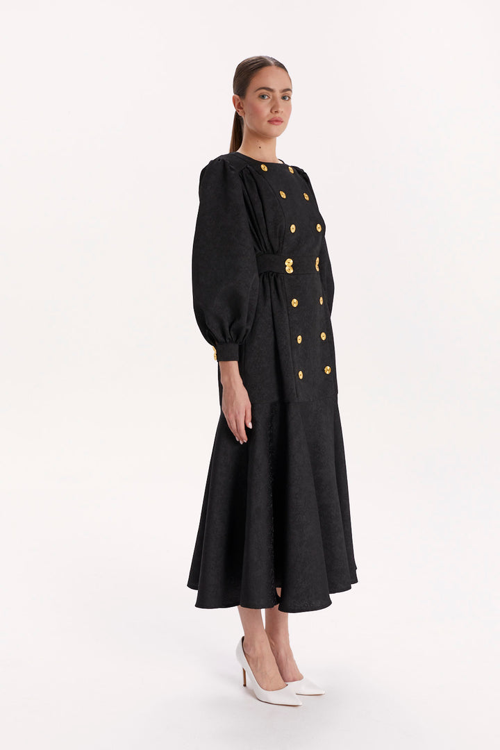 DOUBLE-BREASTED DRESS WITH A RUFFLE