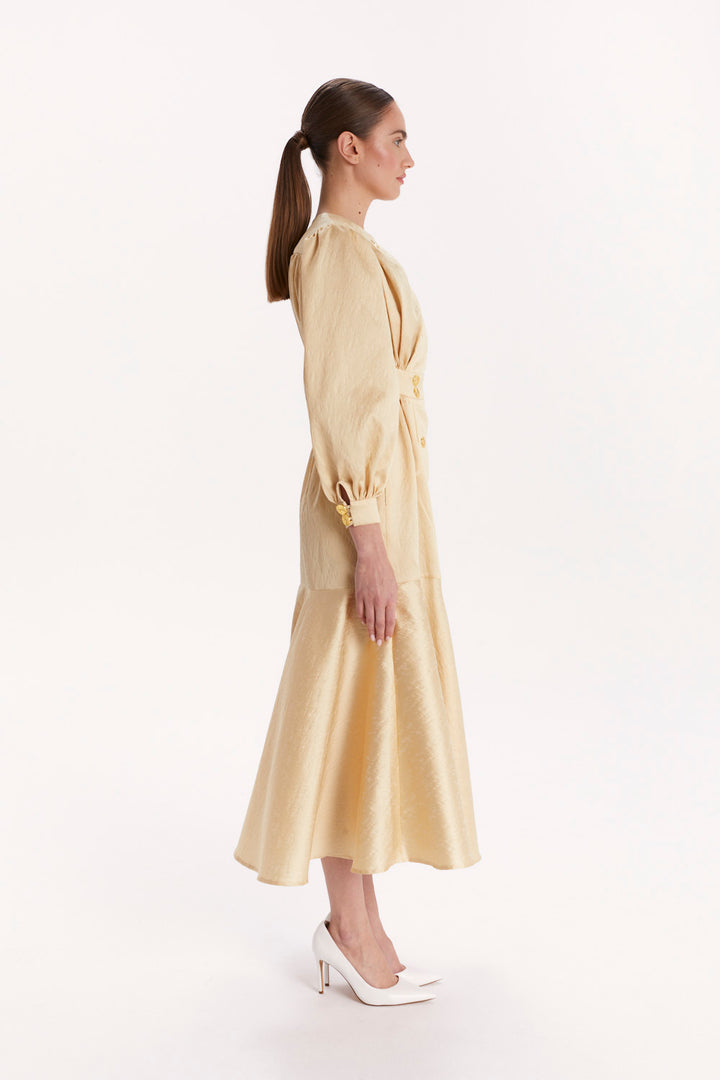 DOUBLE-BREASTED DRESS WITH A RUFFLE
