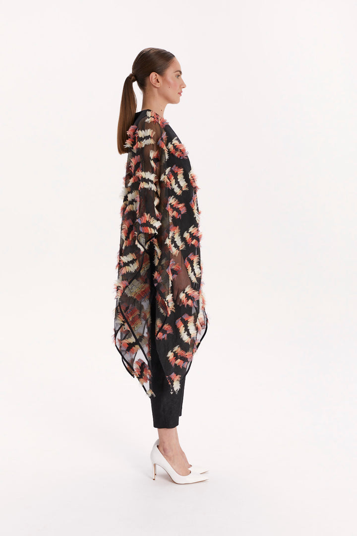 JUMPSUIT WITH WIDE TULLE SLEEVES AND MULTICOLORED FRINGE
