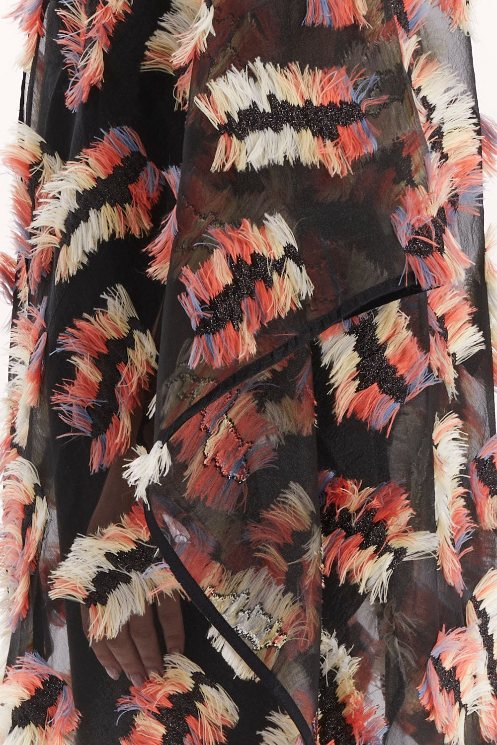 JUMPSUIT WITH WIDE TULLE SLEEVES AND MULTICOLORED FRINGE