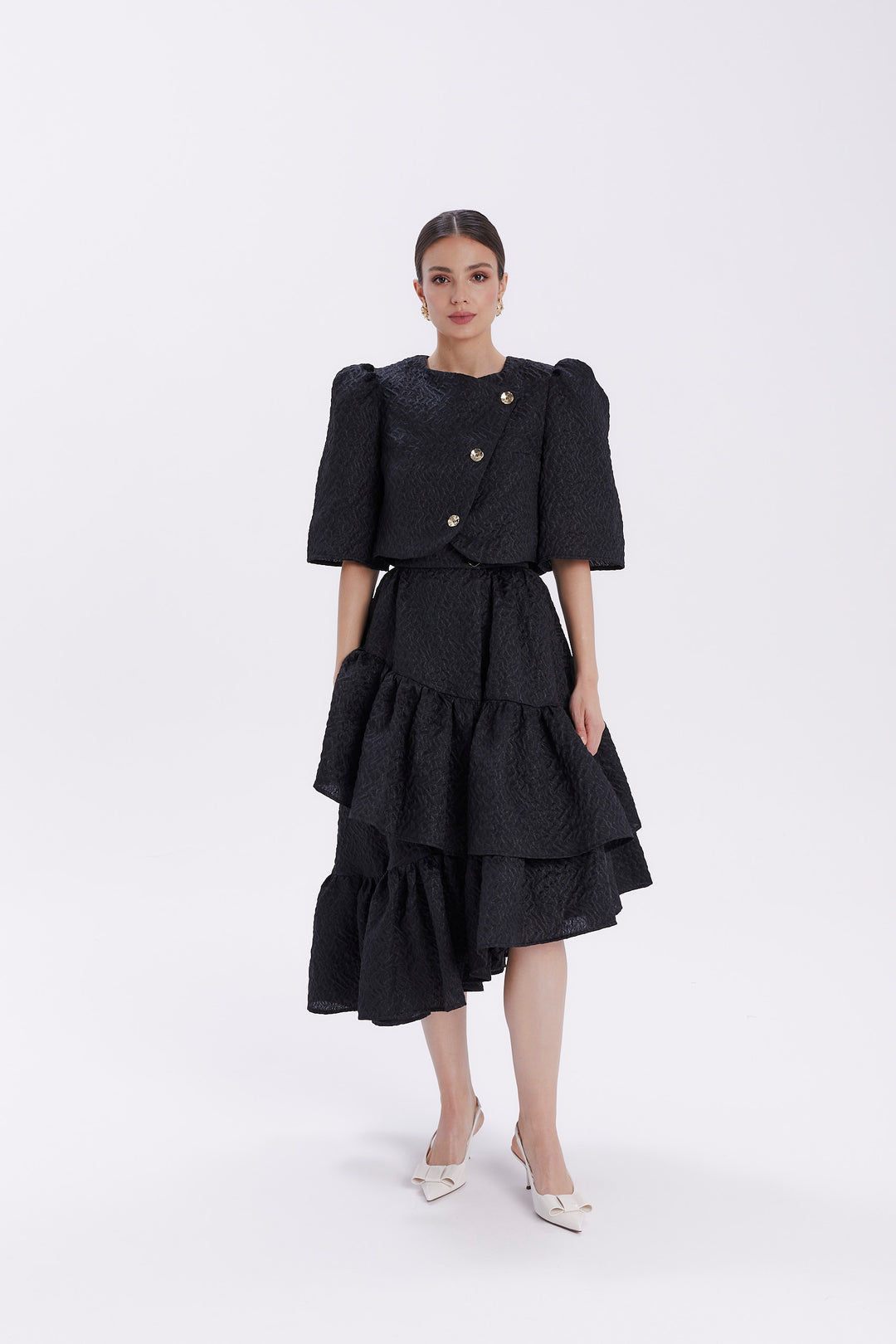 CASSANDRA JACQUARD BLOUSE WITH ASYMMETRIC CLOSE
