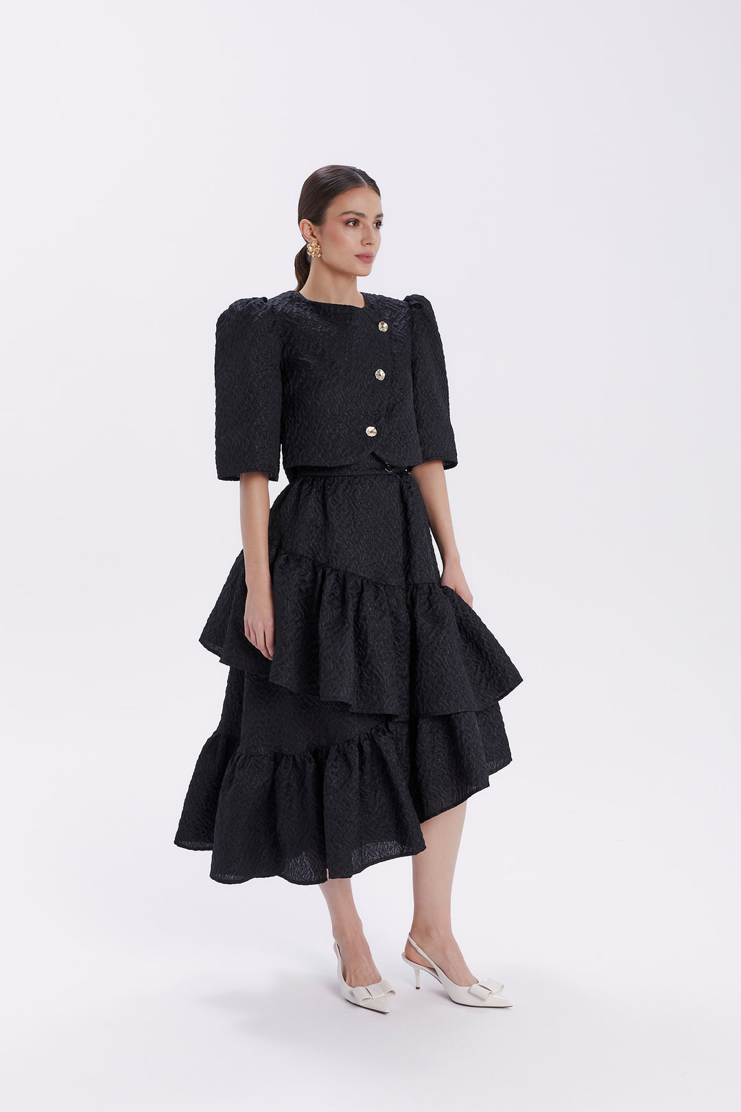 CASSANDRA JACQUARD BLOUSE WITH ASYMMETRIC CLOSE