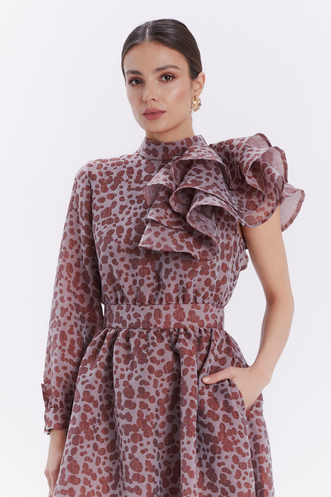 ONE-SLEEVE DRESS WITH A CASCADING RUFFLE ON THE SHOULDER