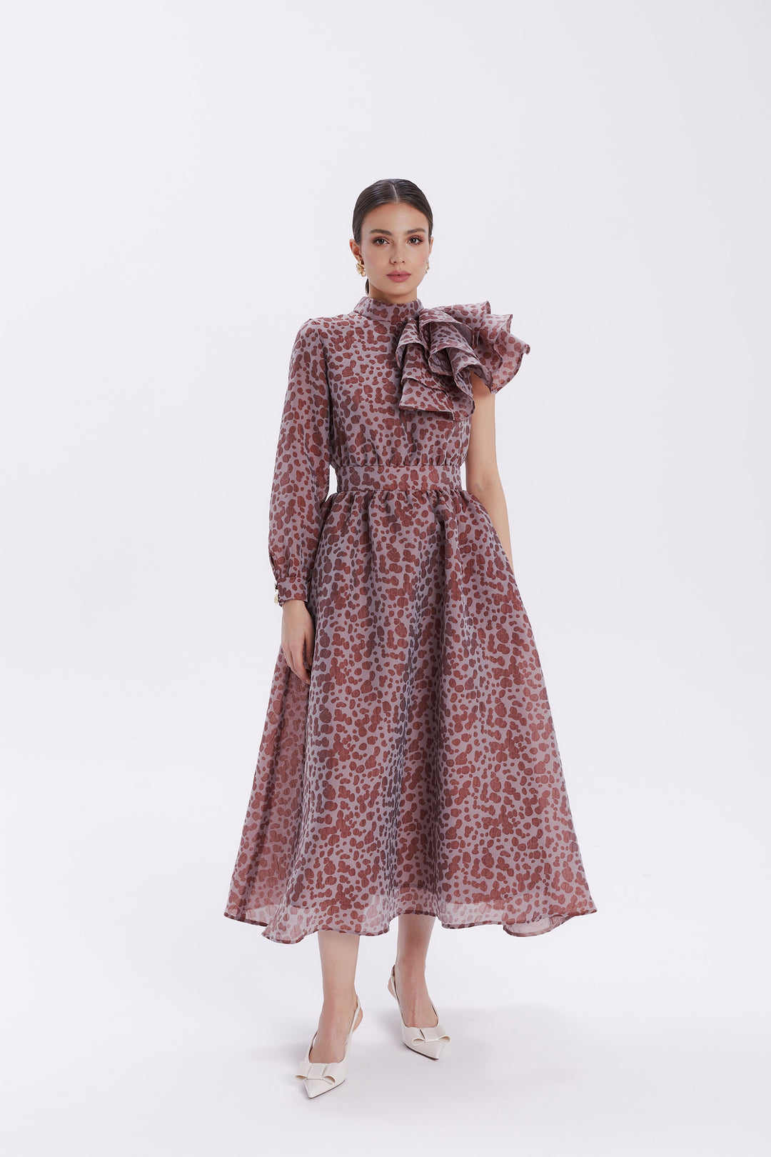 ONE-SLEEVE DRESS WITH A CASCADING RUFFLE ON THE SHOULDER