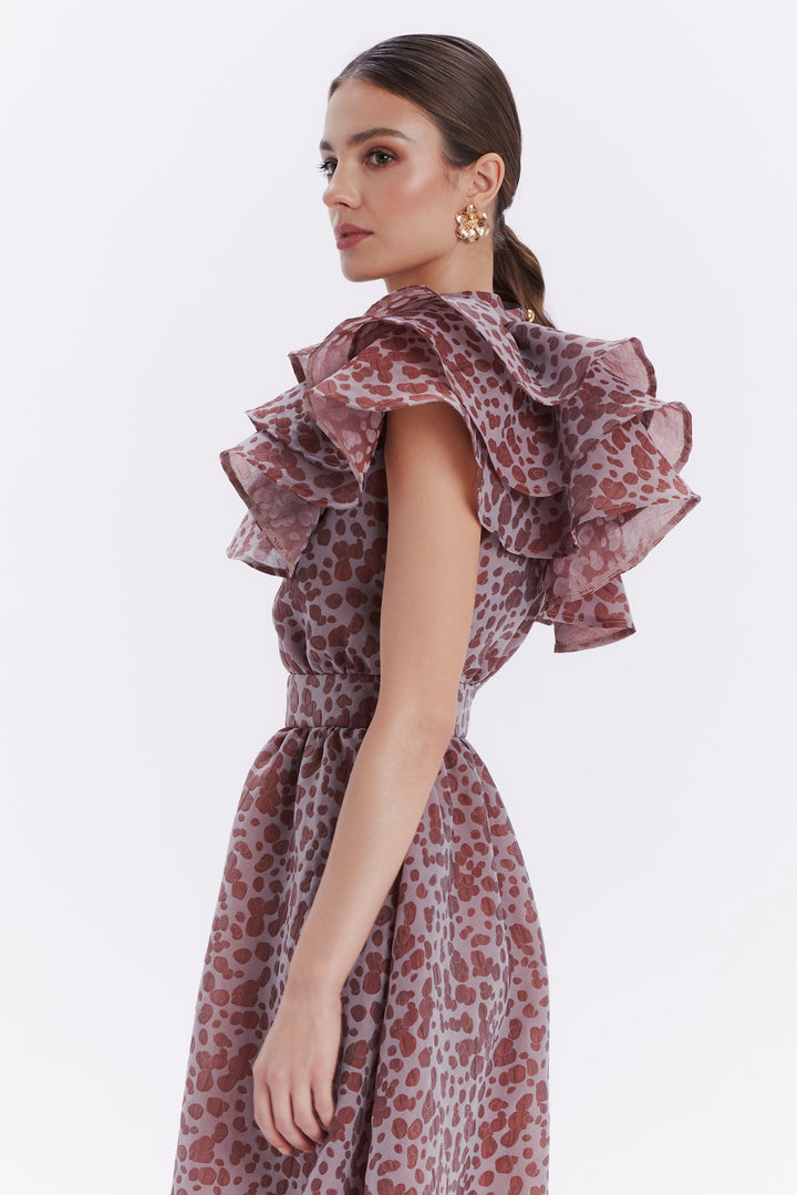 ONE-SLEEVE DRESS WITH A CASCADING RUFFLE ON THE SHOULDER