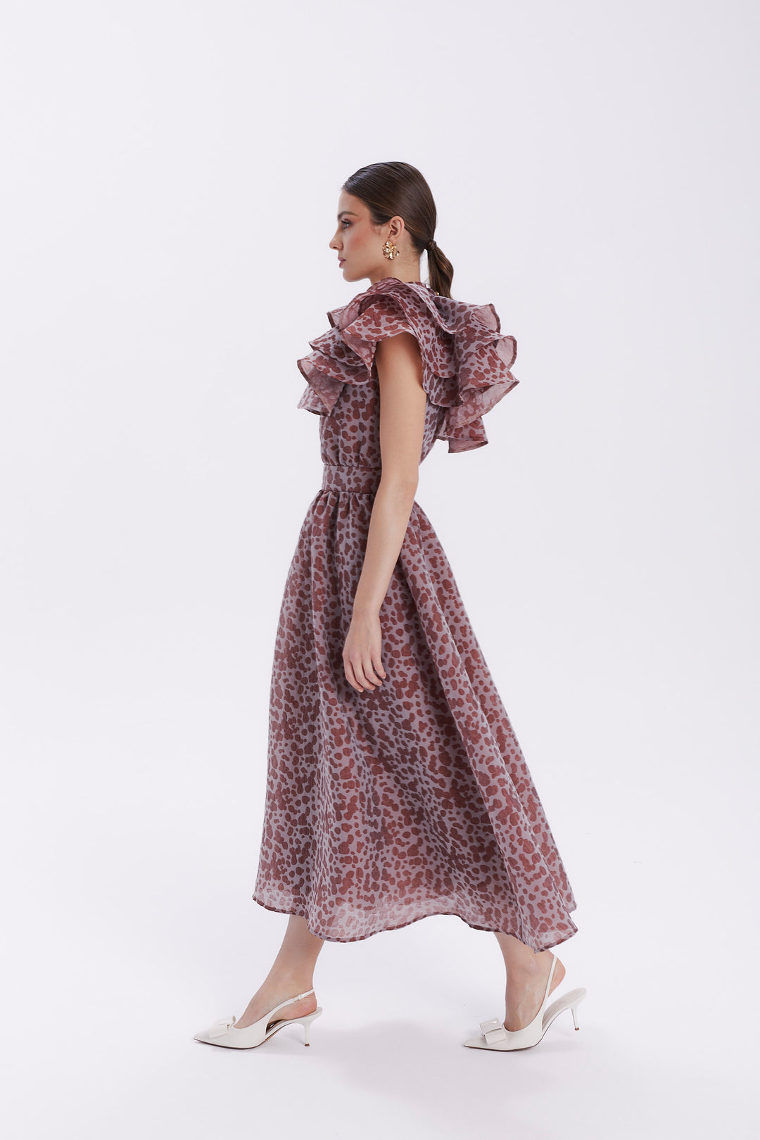 ONE-SLEEVE DRESS WITH A CASCADING RUFFLE ON THE SHOULDER