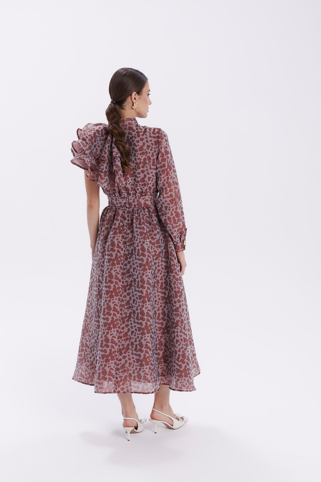 ONE-SLEEVE DRESS WITH A CASCADING RUFFLE ON THE SHOULDER