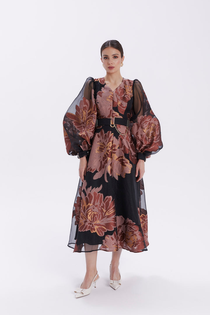PATTERNED MIDI DRESS WITH SEPARATE BELT