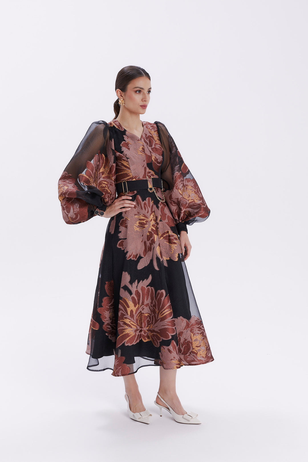 PATTERNED MIDI DRESS WITH SEPARATE BELT