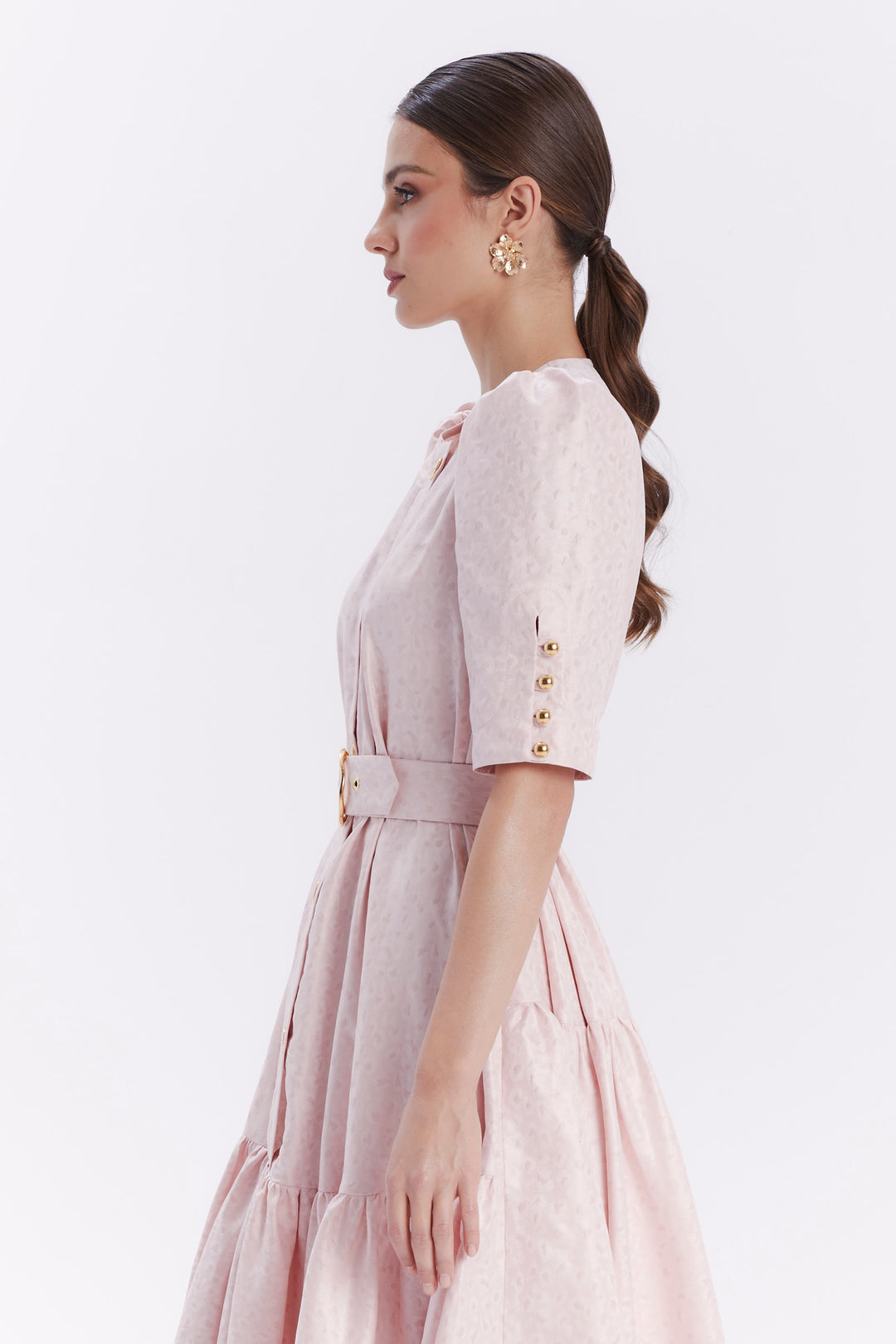 SENA JACQUARD DRESS WITH GOLD BUTTONS AND BELT