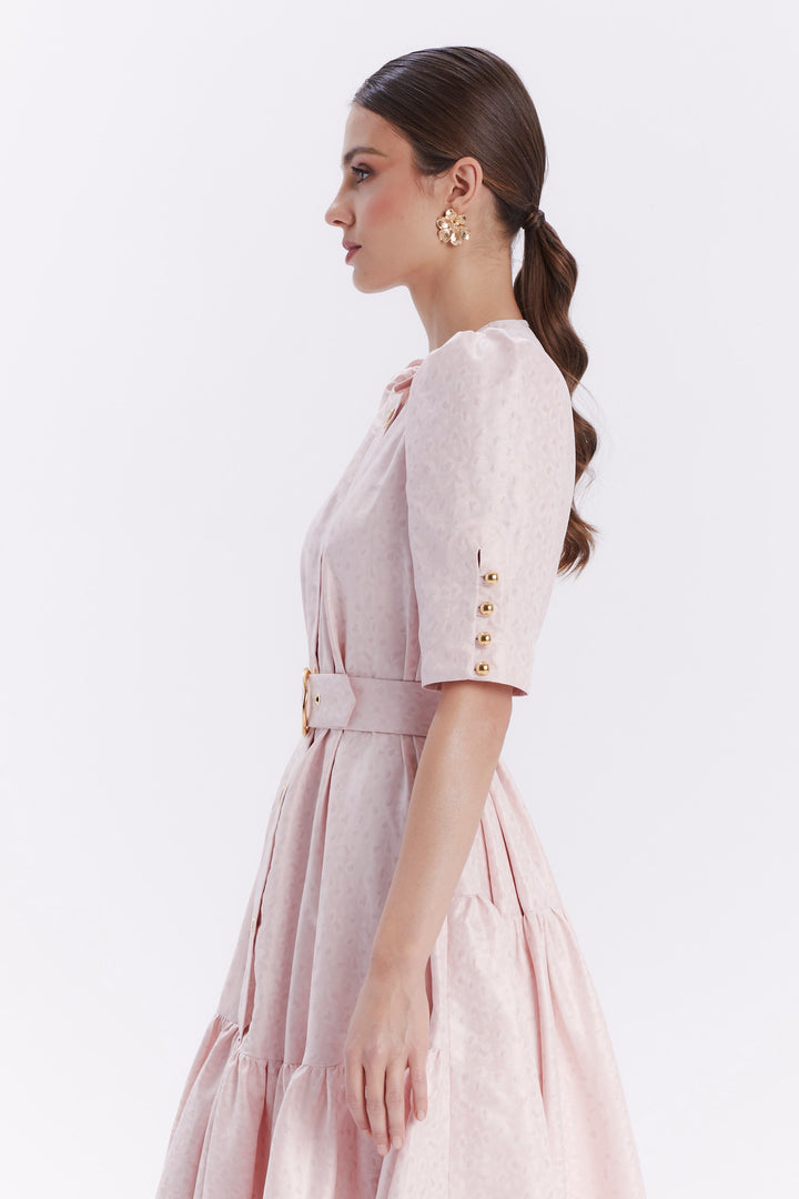 SENA JACQUARD DRESS WITH GOLD BUTTONS AND BELT