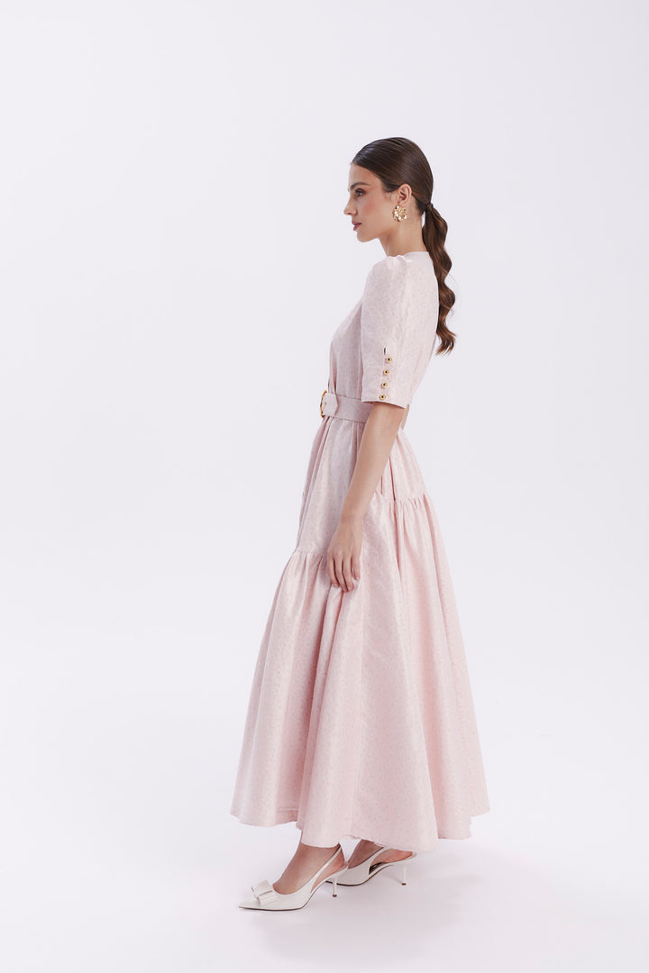 SENA JACQUARD DRESS WITH GOLD BUTTONS AND BELT