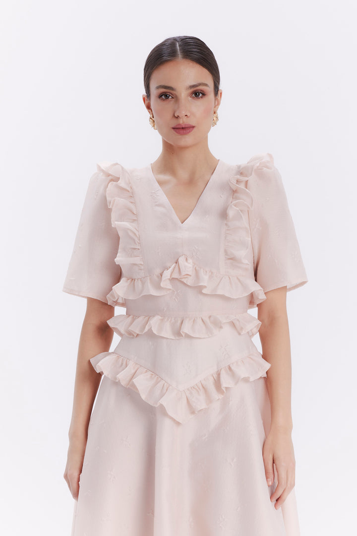 ALEXA MIDI DRESS WITH SLIT AND RUFFLES